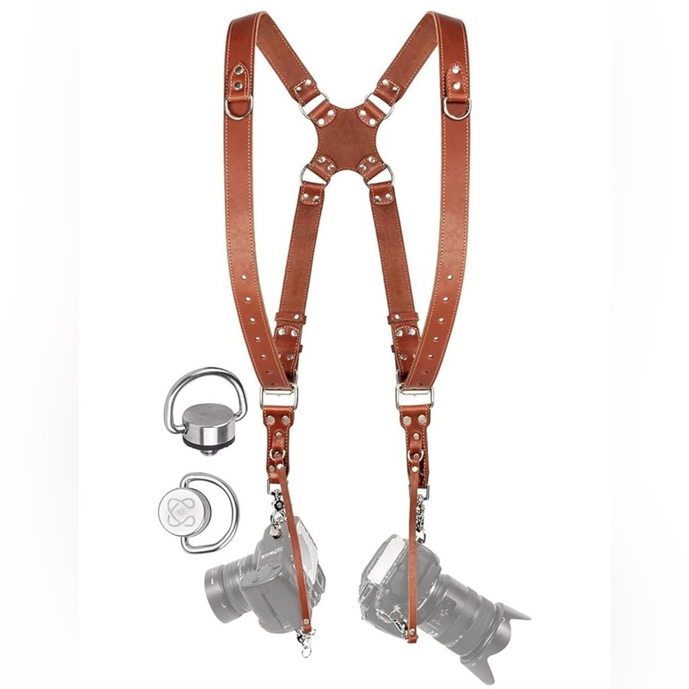 Dual Leather Camera Harness Strap - Brown